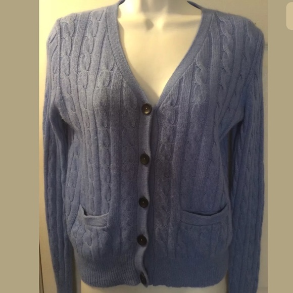 J.CREW Cambridge Cable Knit Sweater Blue cardigan Soft Knit Wool Angora VNeck - Picture 2 of 8